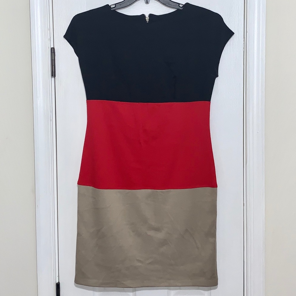 Black, White, and Gold vertical striped dress.